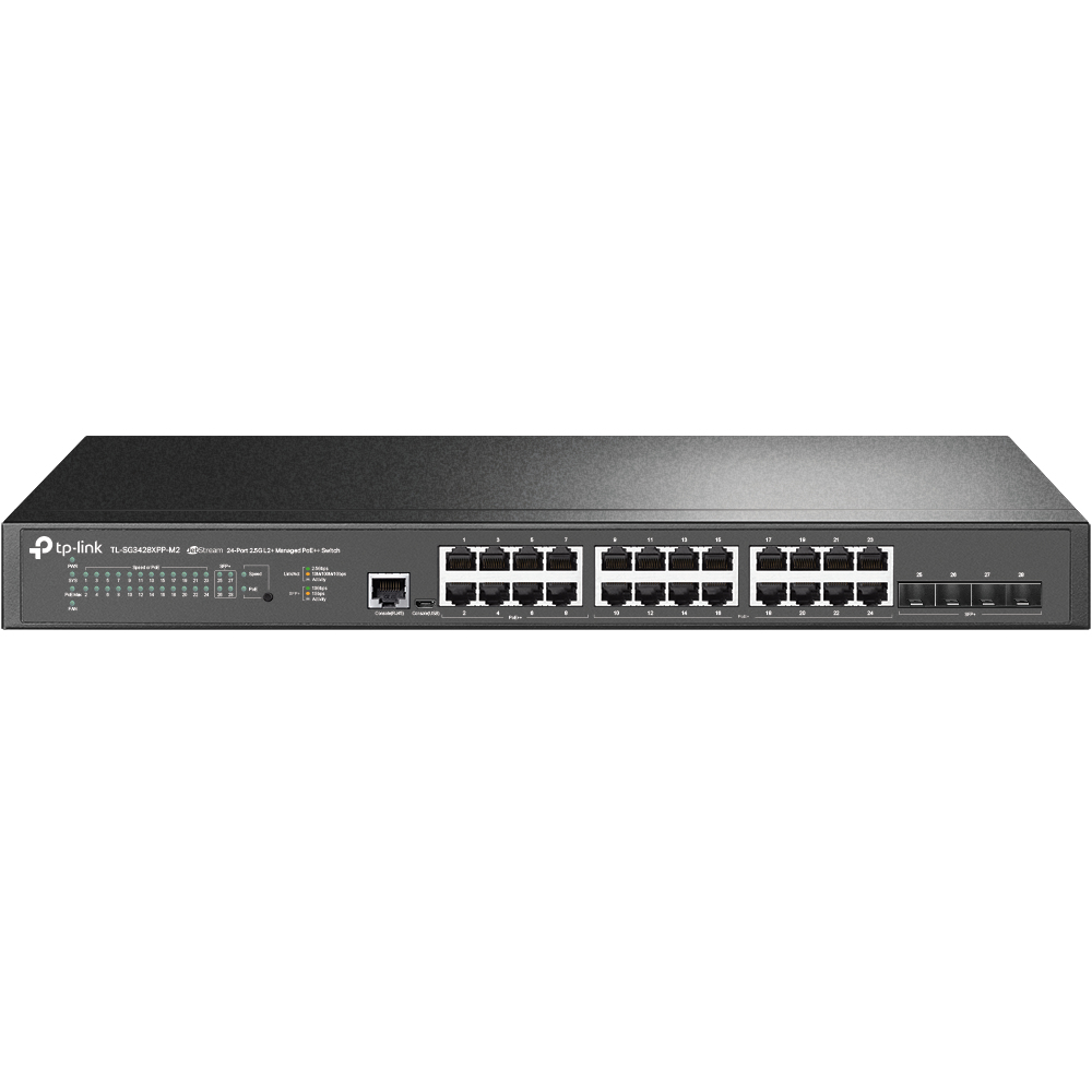 Switch Gerenciável Gigabit L2+ Omada TL-SG3428XPP-M2 com 24 Portas 2,5 GBase-T, 4 Slots SFP+ 10GE, 16 Portas PoE+ e 8 Portas PoE++ JetStream